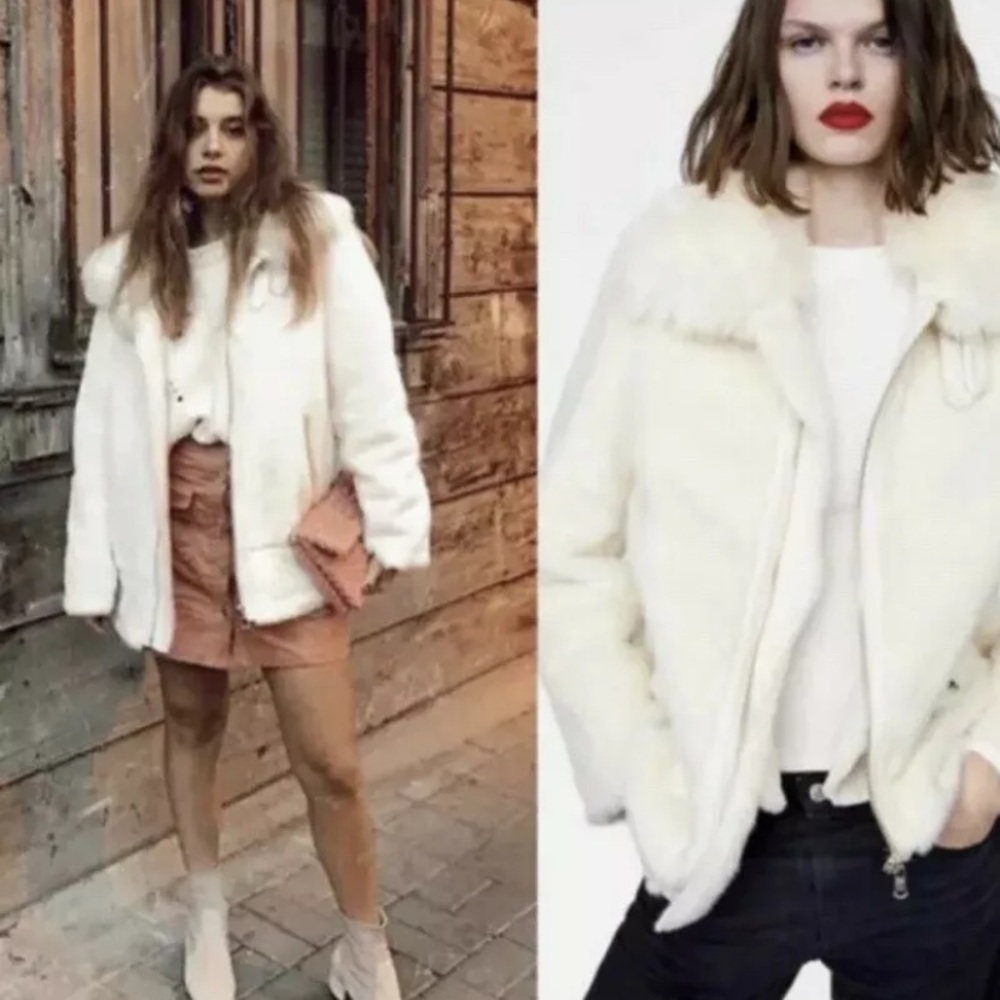 Zara NWT white faux fur biker jacket size M